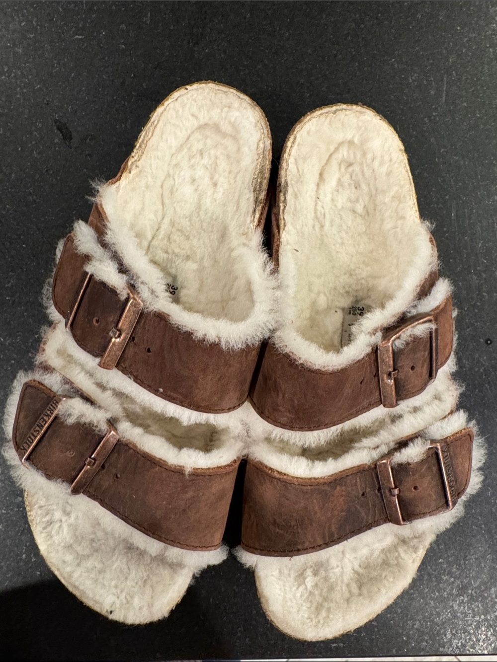 Birkenstock Brown Oiled Leather Shearling Sandals size 39